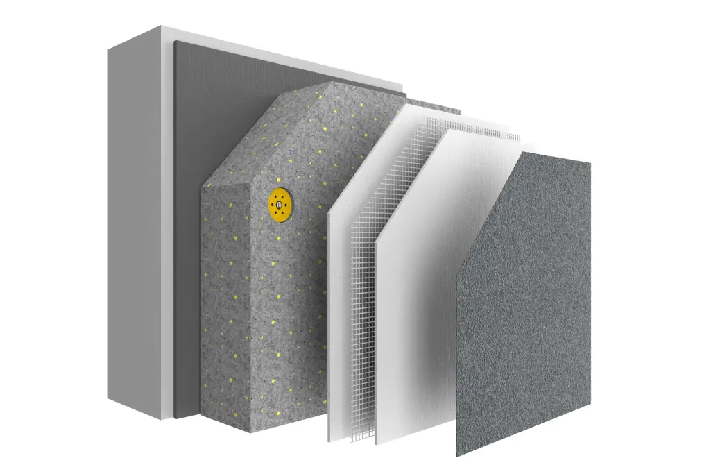 Structuur van het StoTherm Classic®-systeem met isolatiepaneel van hard polystyreenschuim / EPS.
