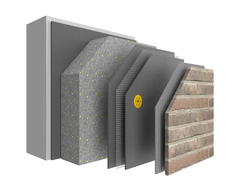 Structuur van het StoTherm Vario-systeem met StoBrick steenstrippen als afwerking. Met een minerale 